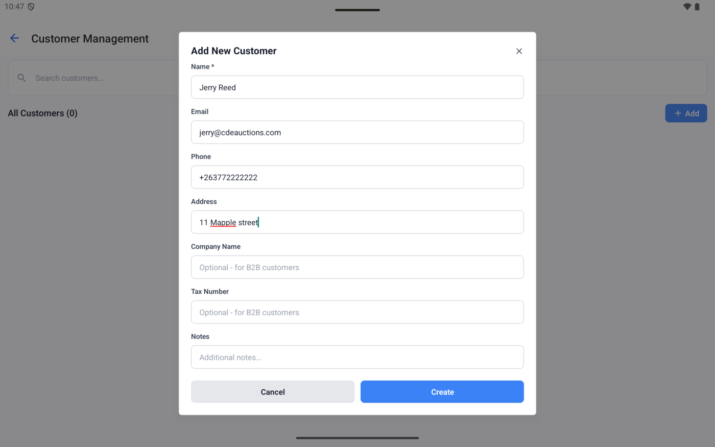 Add New Customer form with name, email, phone, and address