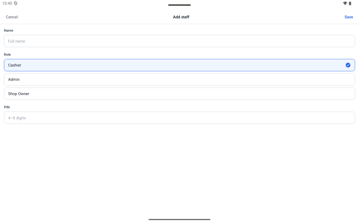 Add staff form with name, role, and PIN