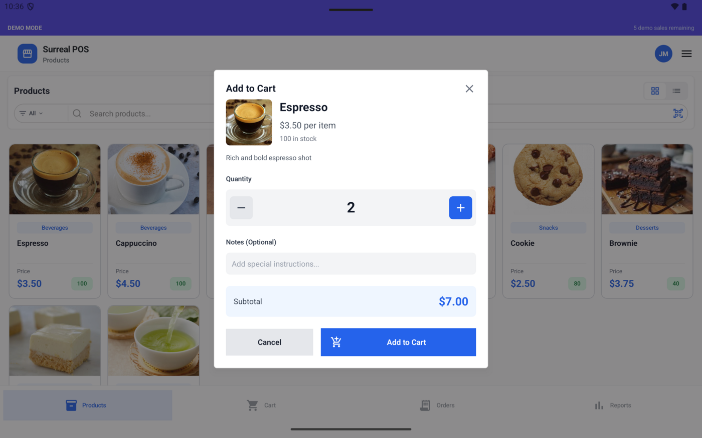 Add to Cart dialog with quantity selector and notes