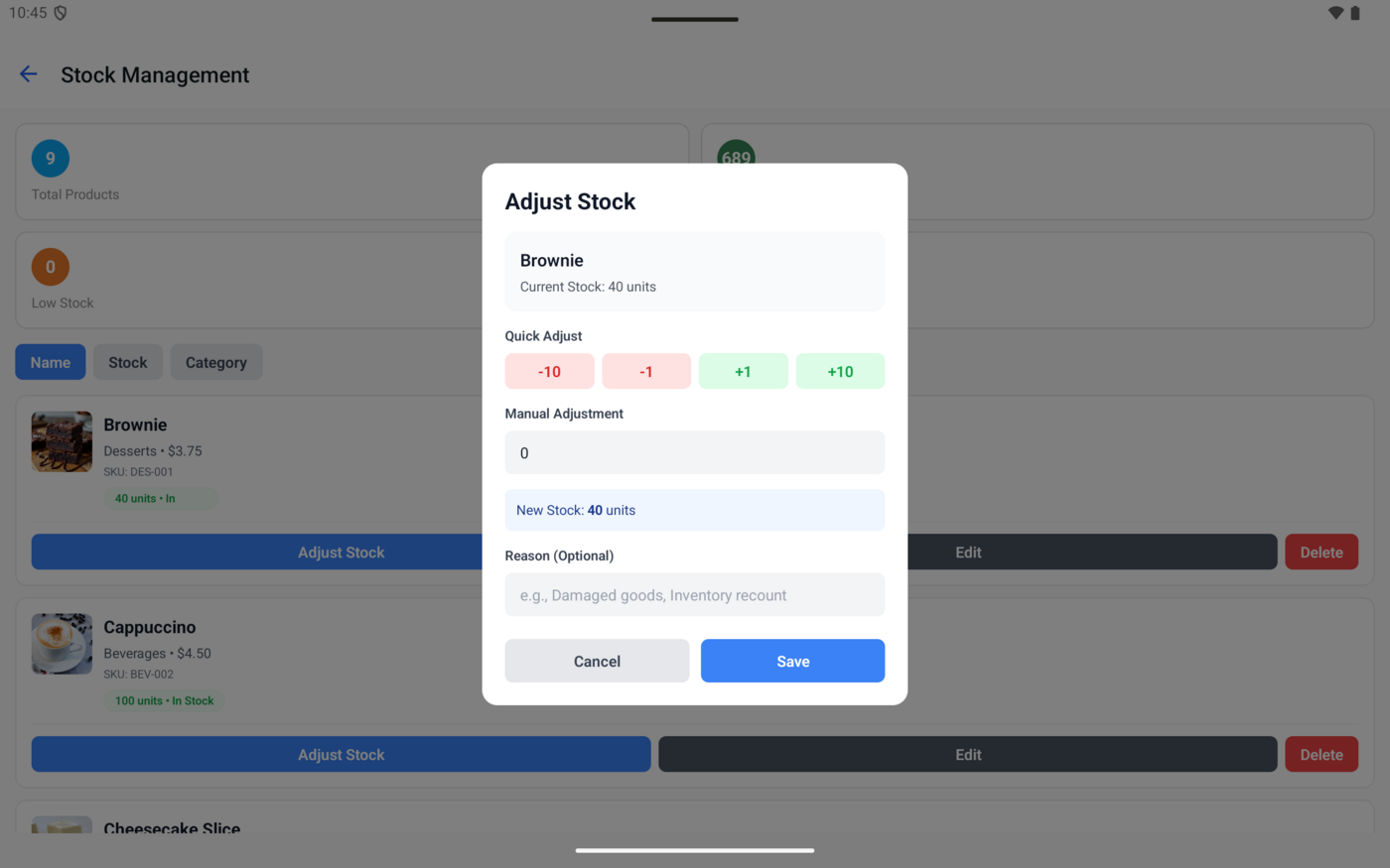 Adjust Stock dialog with quick adjustment buttons