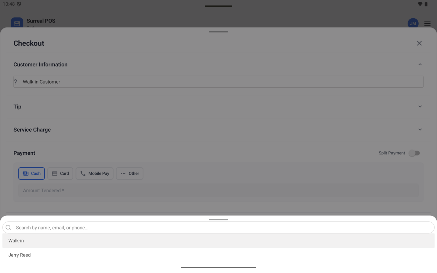 Checkout screen selecting a customer from the list