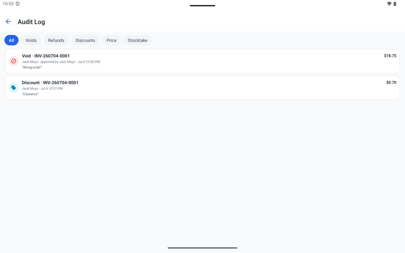 Audit Log screen with void and discount entries and filters