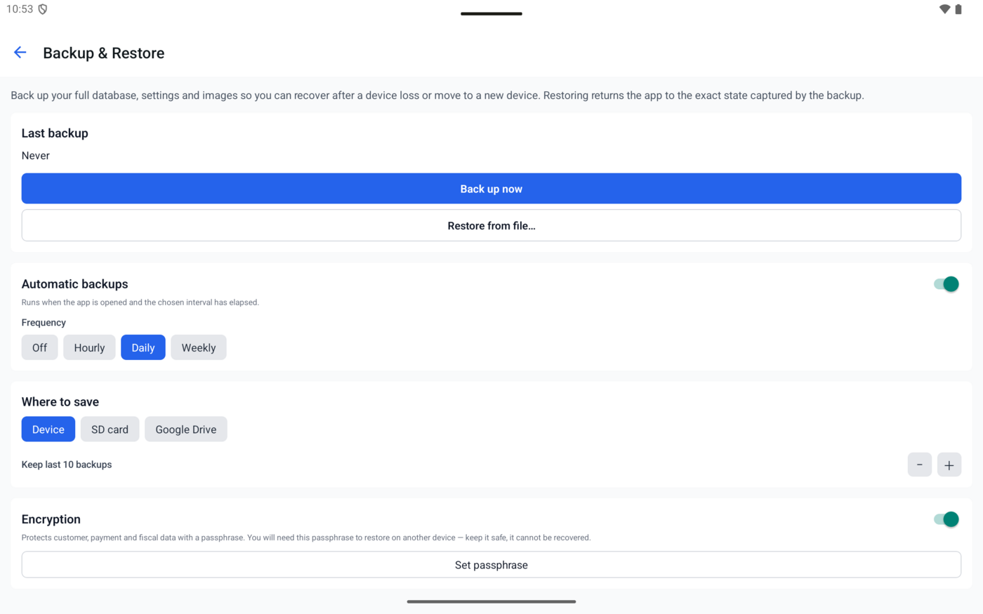Backup and Restore screen with backup, restore, schedule, destination, and encryption