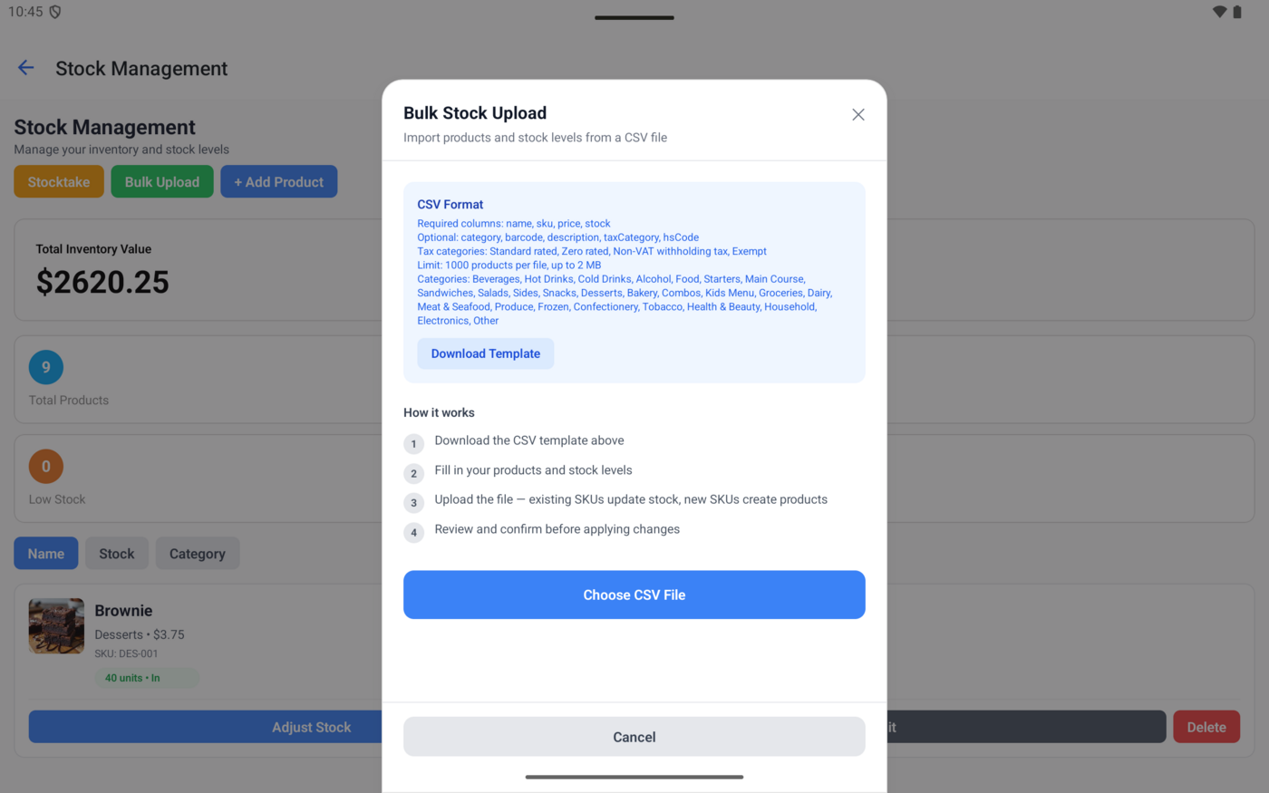 Bulk Stock Upload dialog explaining the CSV format