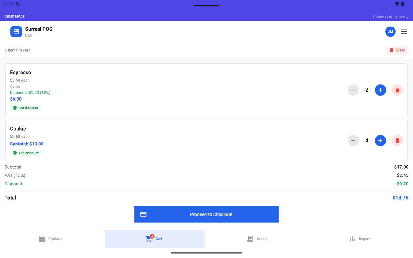 Cart tab showing line items, a discount, and totals