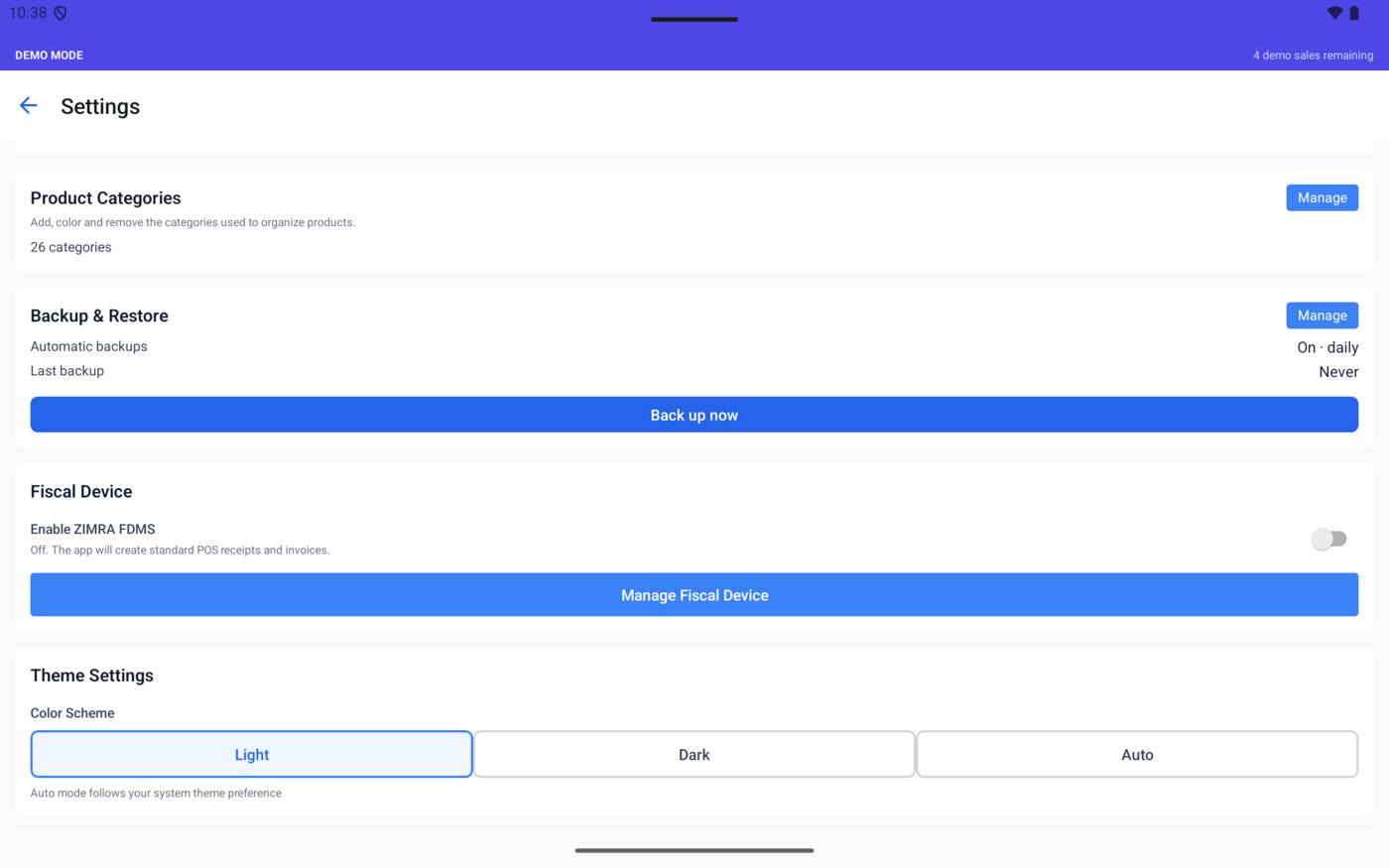 Settings screen with product categories, backup, fiscal device, and theme
