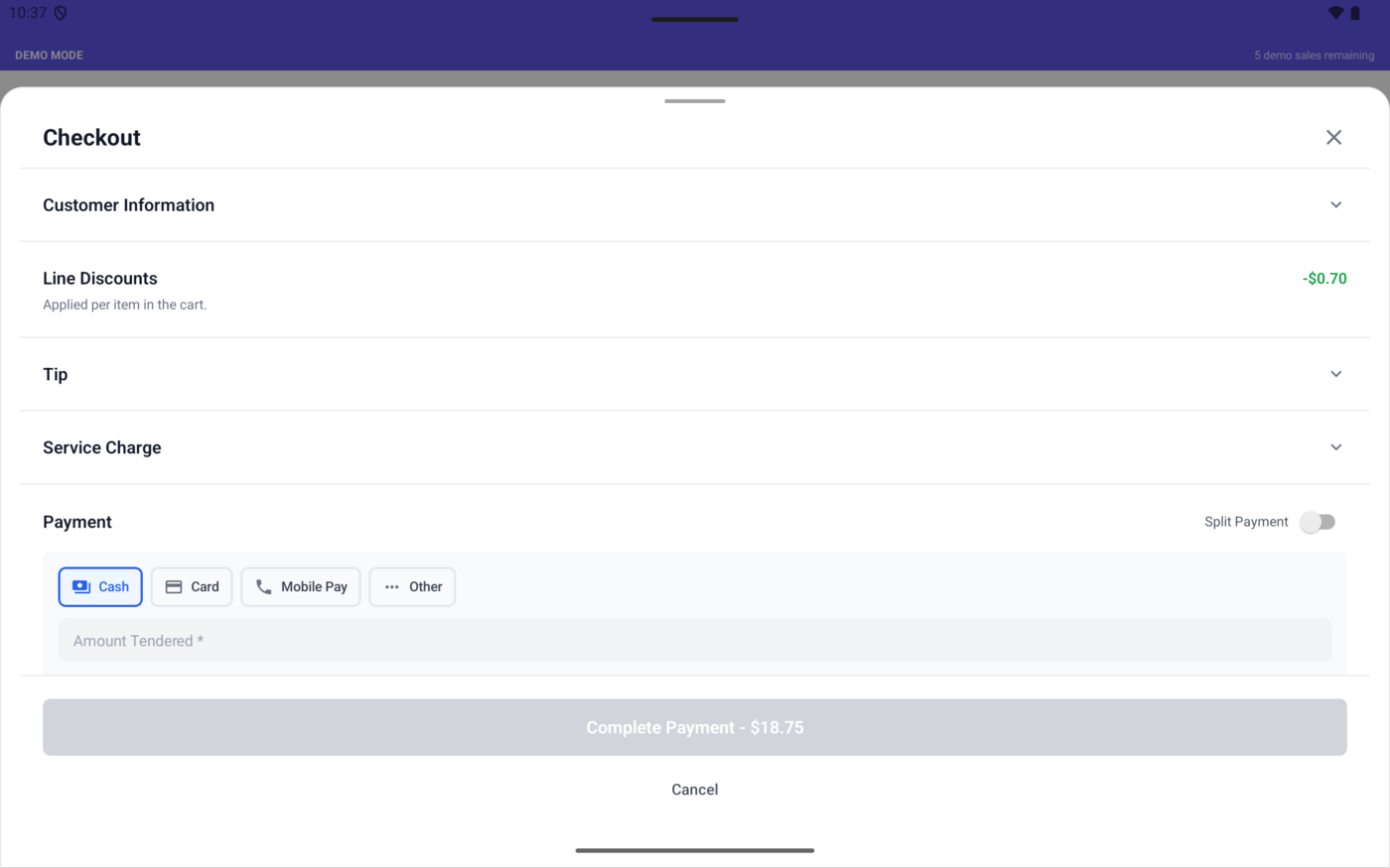 Checkout screen with customer, tip, and payment options