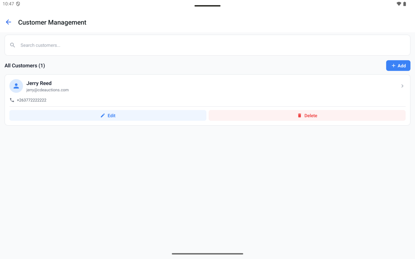 Customer management screen with a saved customer profile