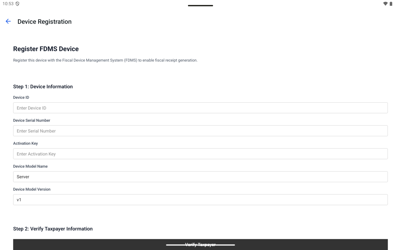 Device Registration screen with device information and verify taxpayer steps