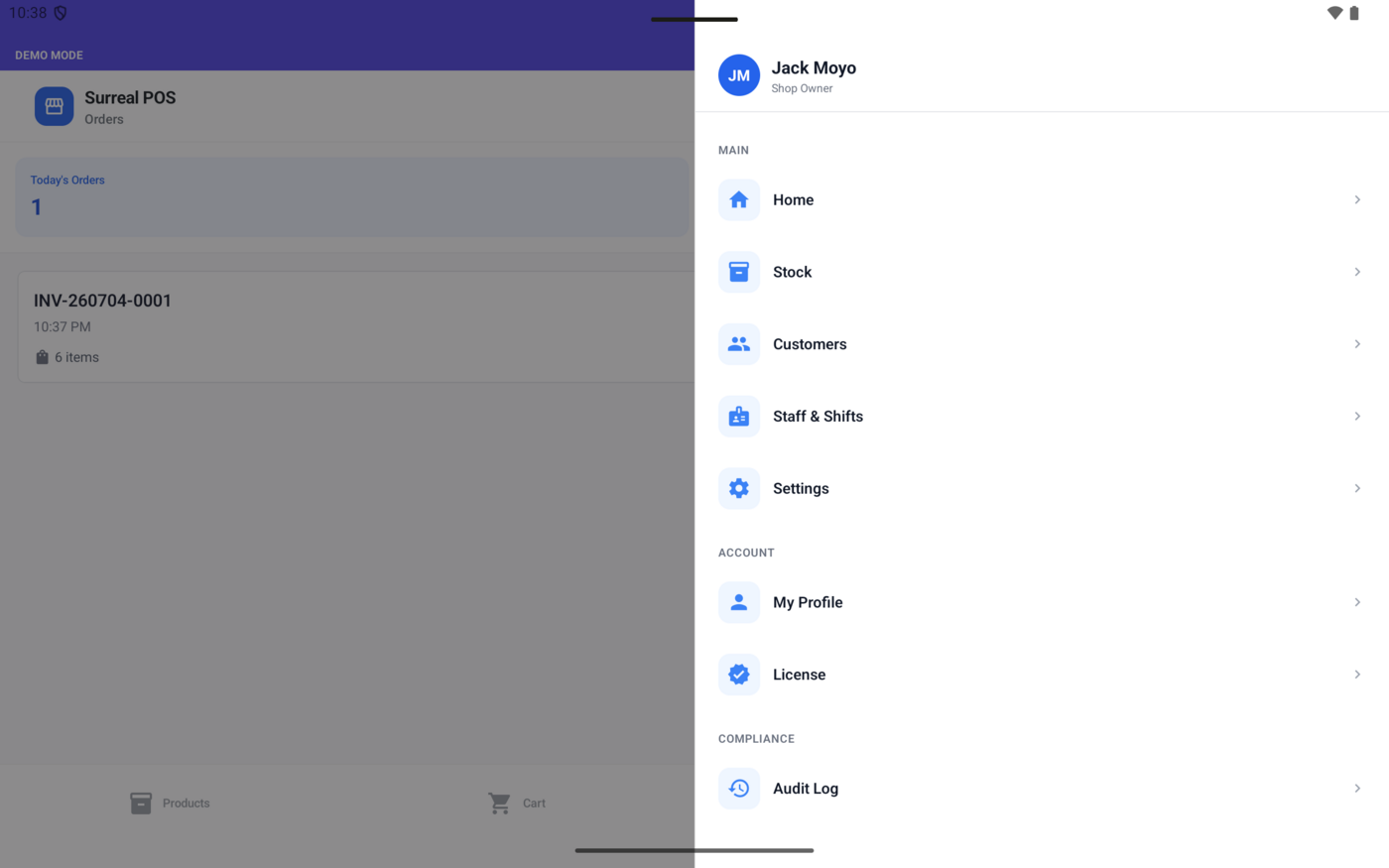 Drawer menu showing Stock, Customers, Staff and Shifts, Settings, and Audit Log