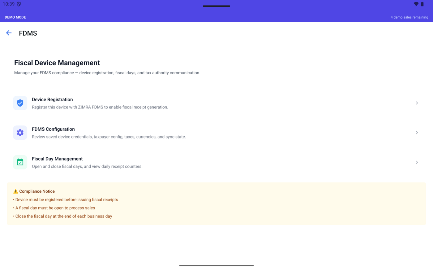 FDMS Fiscal Device Management screen with registration, configuration, and fiscal day