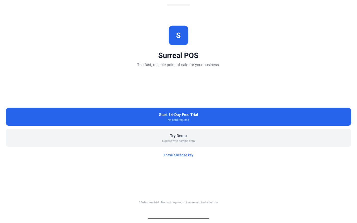 License screen with trial, demo, and license key options