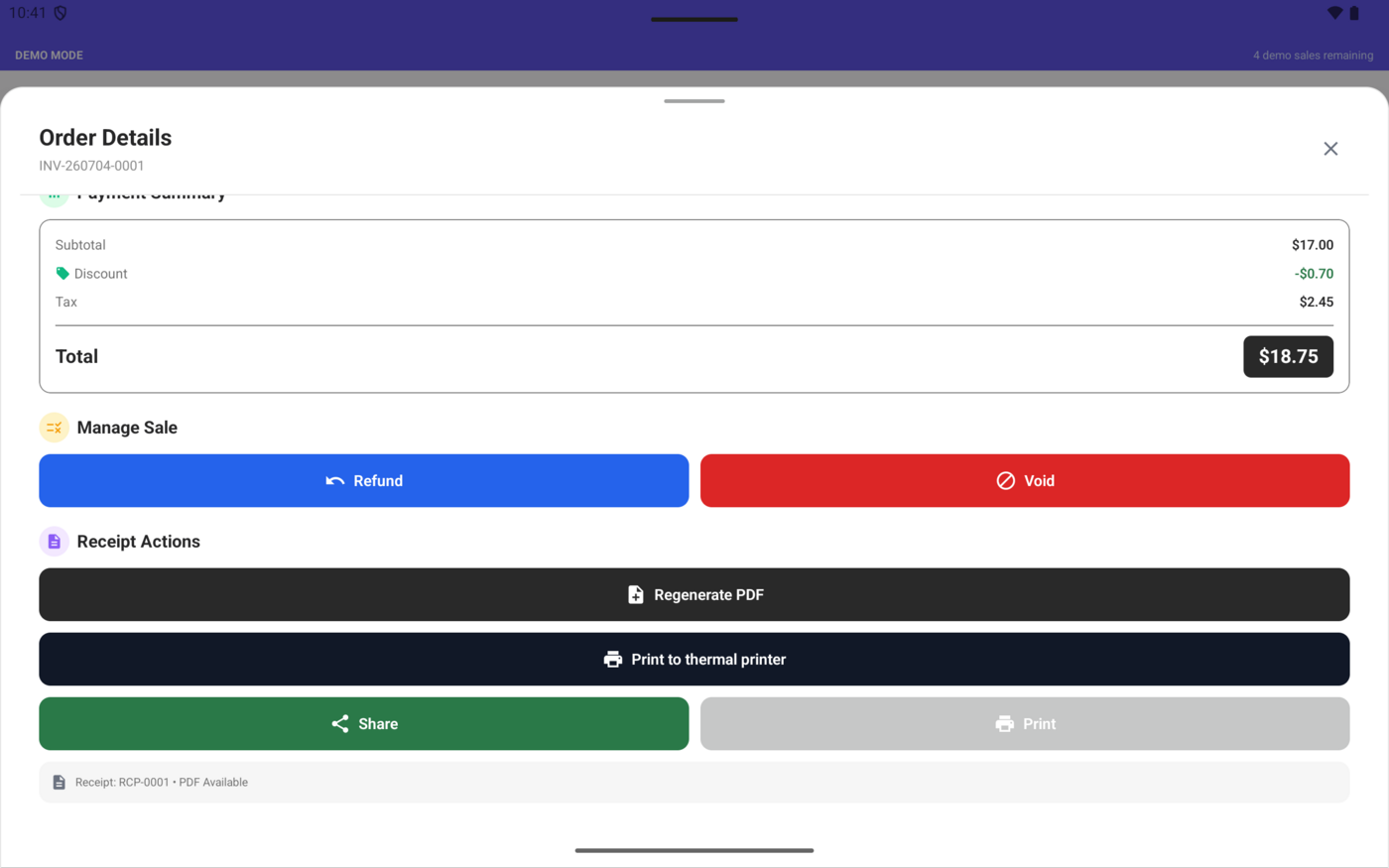 Order details screen with manage sale and receipt actions