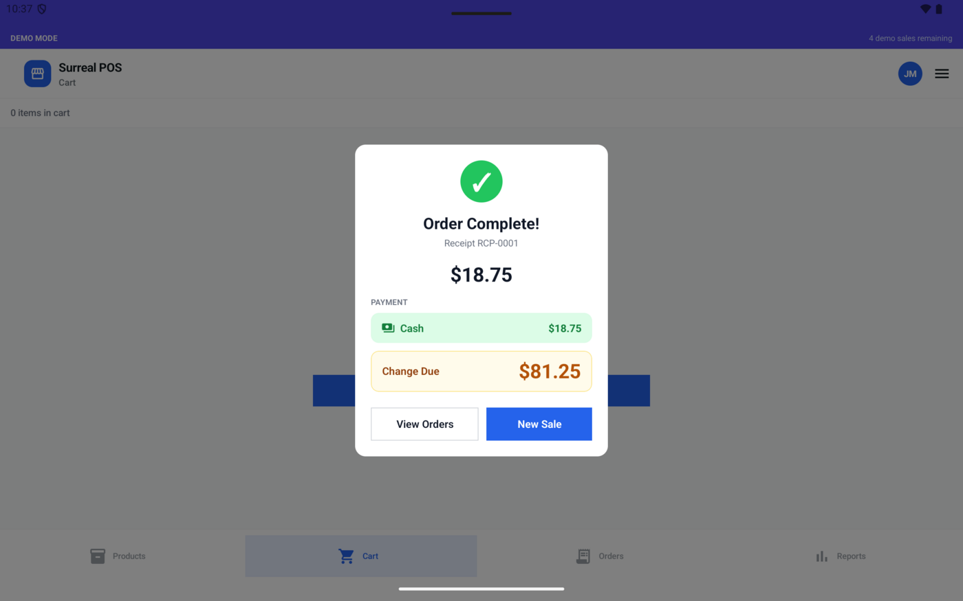 Order Complete confirmation with total, change due, and next actions