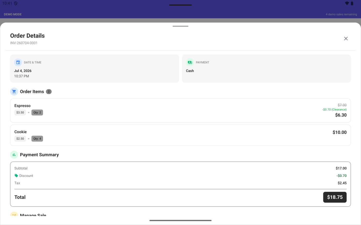 Order Details screen with line items and payment summary