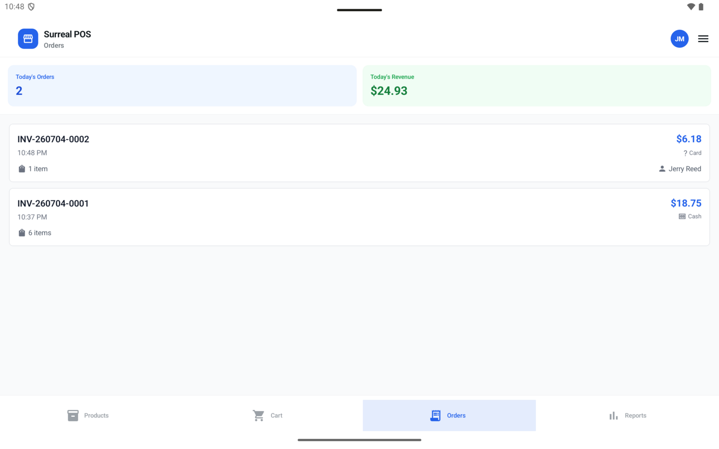 Orders tab listing completed sales with totals and revenue
