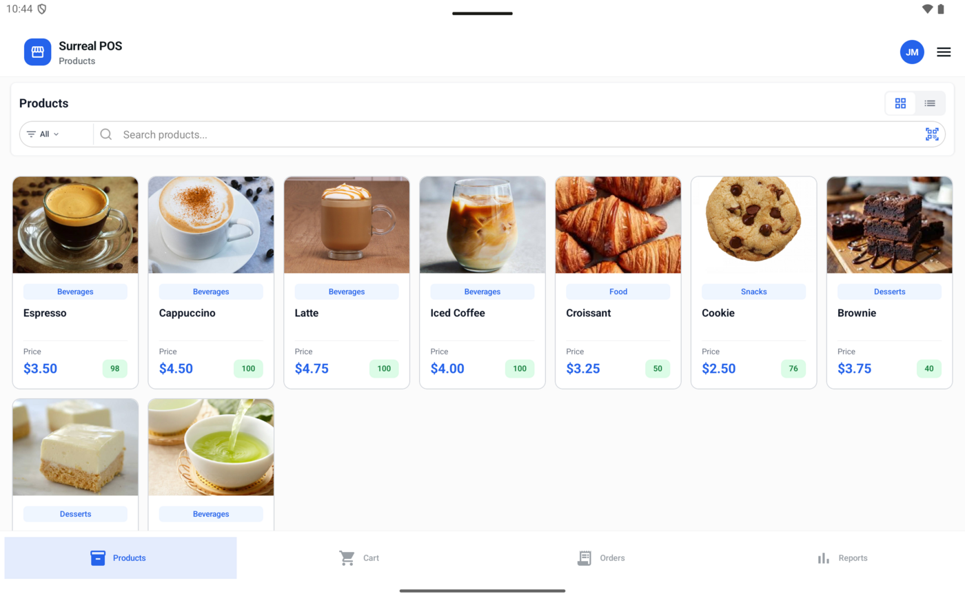Surreal POS product catalog on an Android tablet
