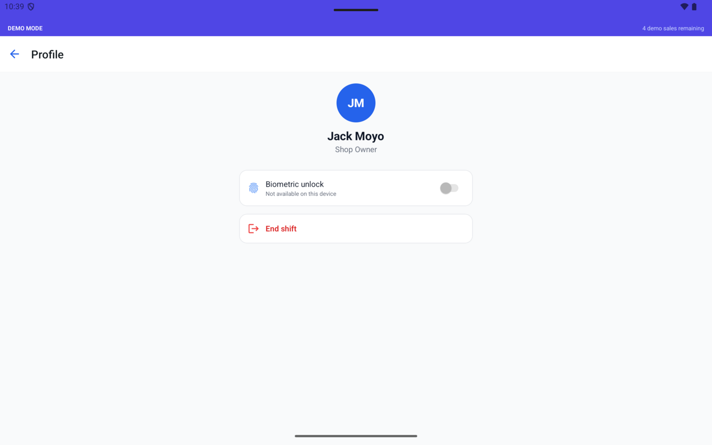 My Profile screen with a biometric unlock toggle and end shift button