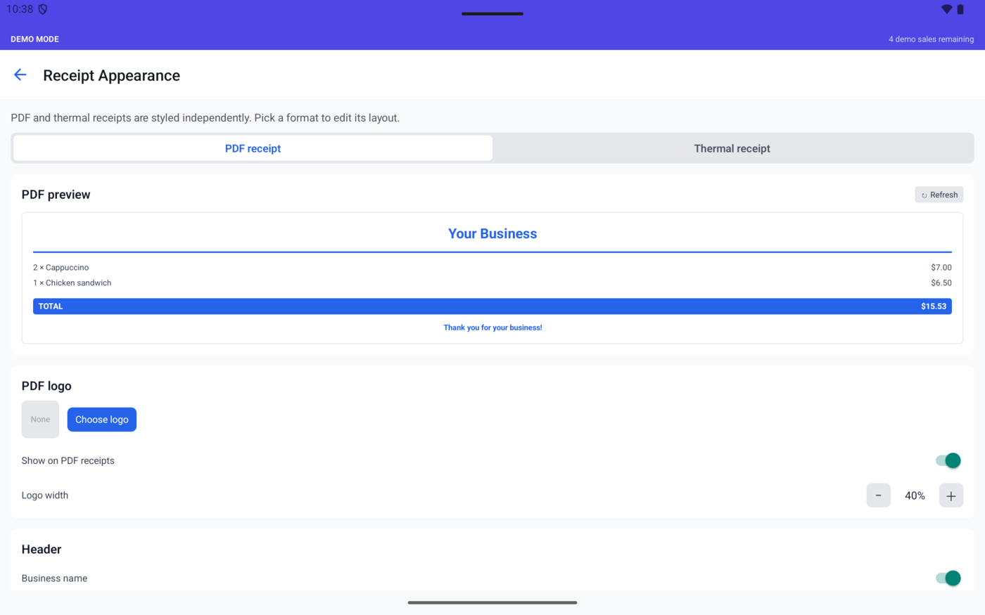 Receipt Appearance screen with a live PDF receipt preview