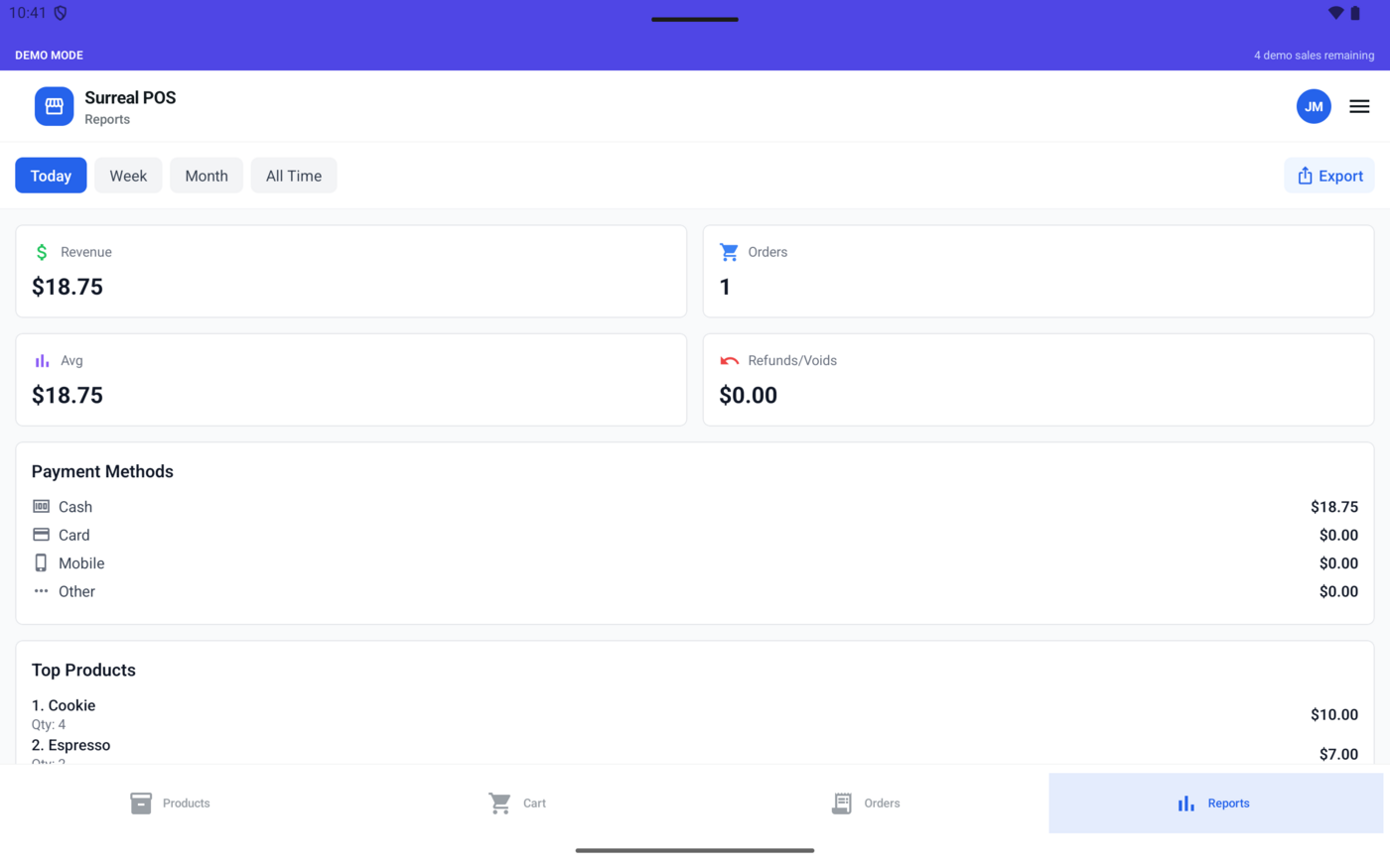Reports screen with revenue and payment method totals