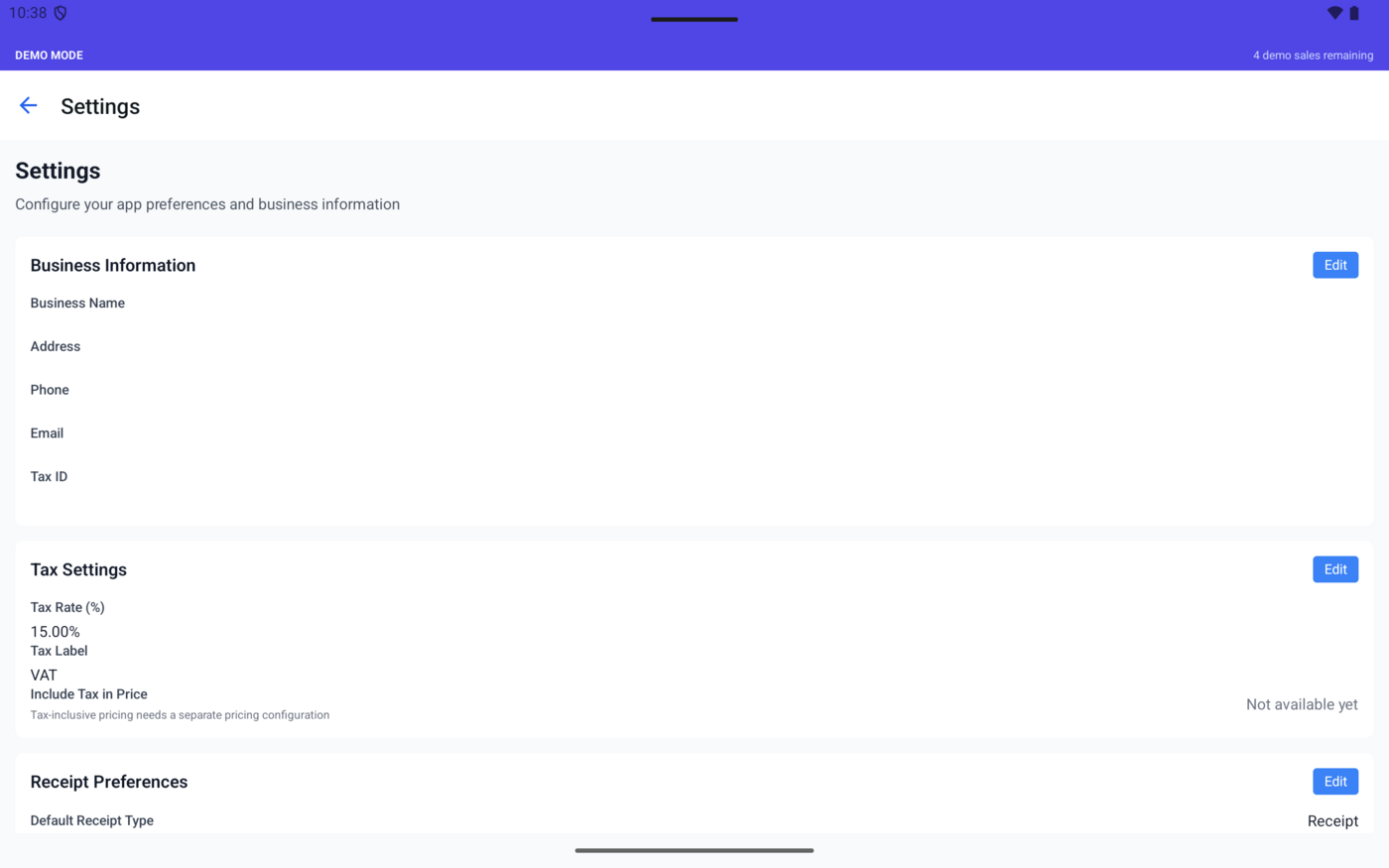 Settings screen with business information and tax settings