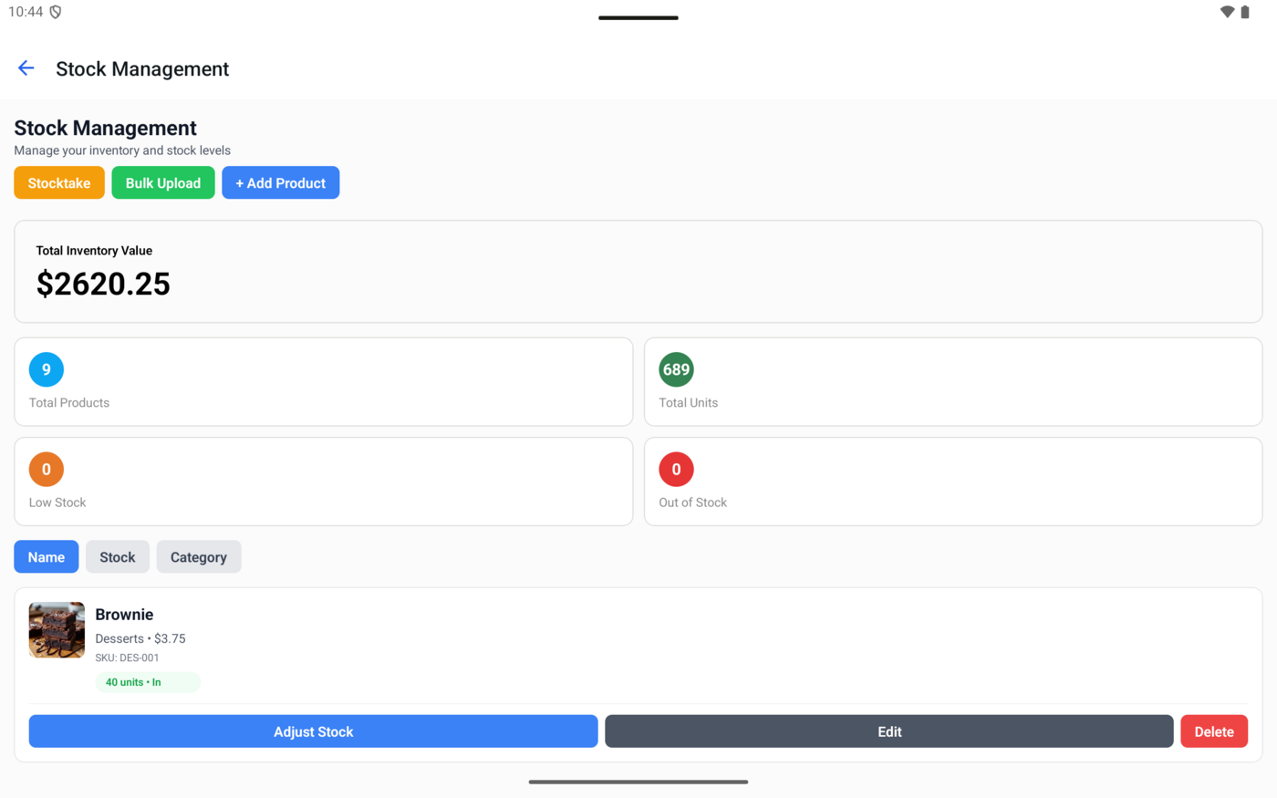Stock management dashboard with inventory totals