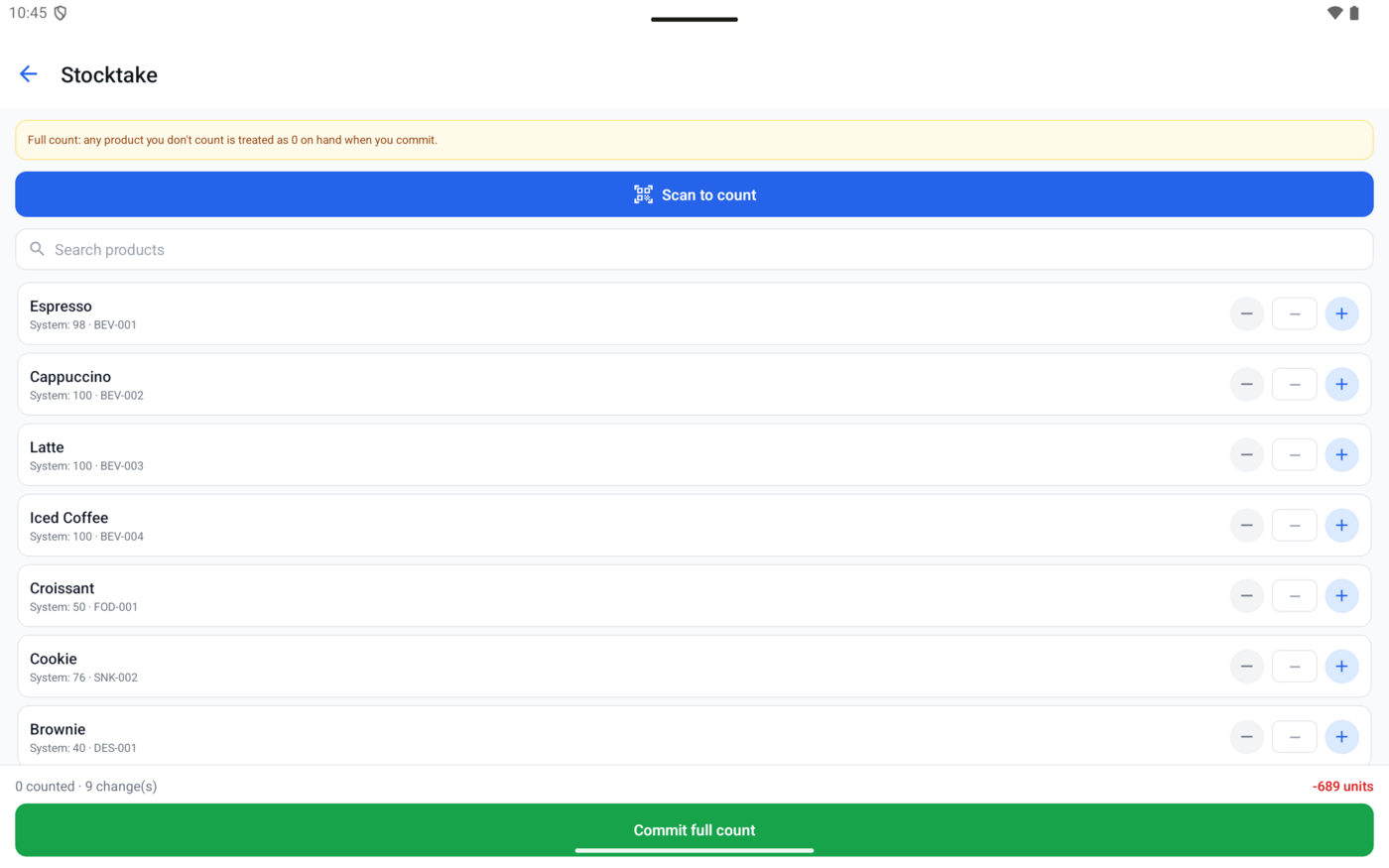 Stocktake screen with scan to count and per-product counts