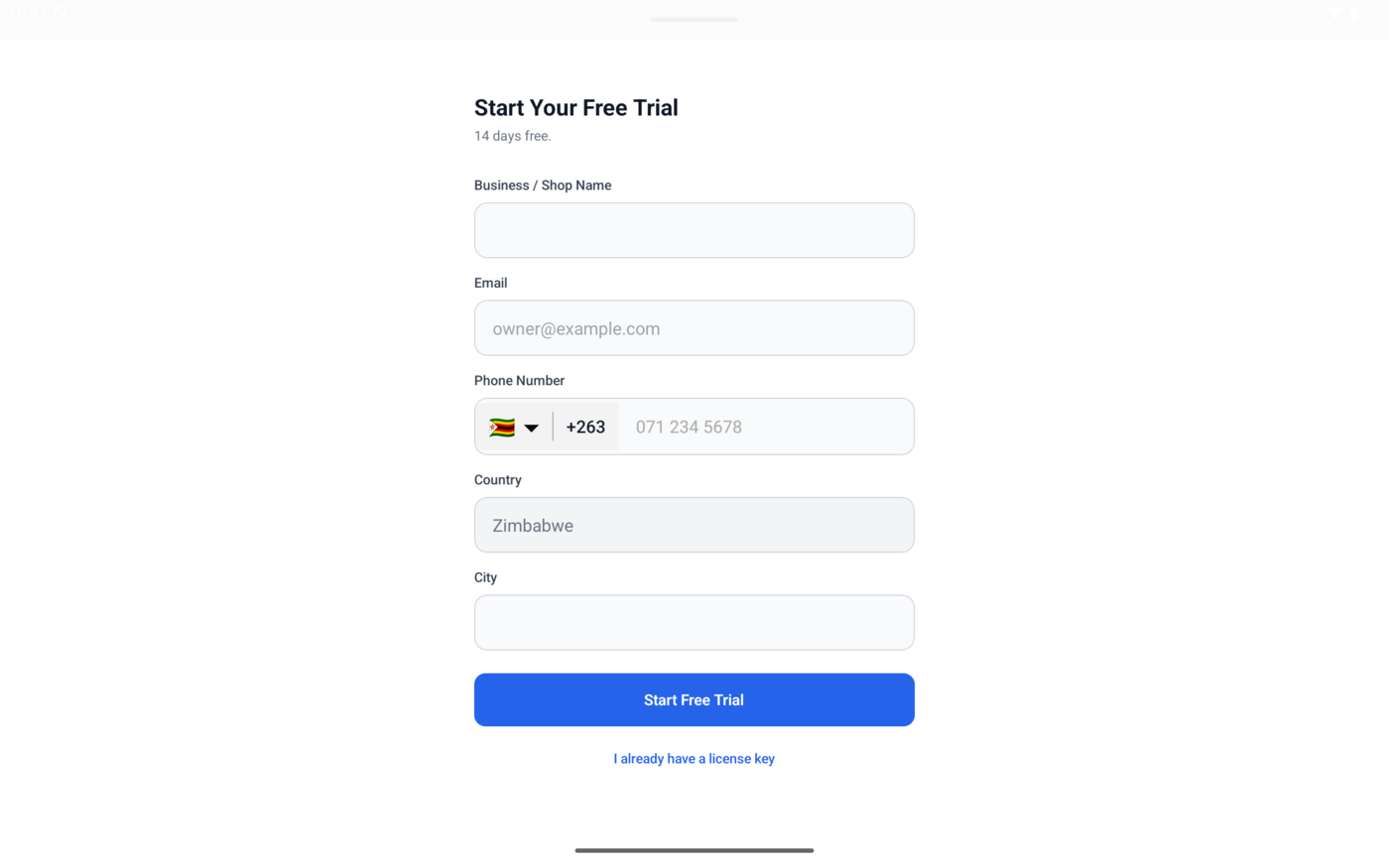 Start Your Free Trial form with business, email, phone, and city